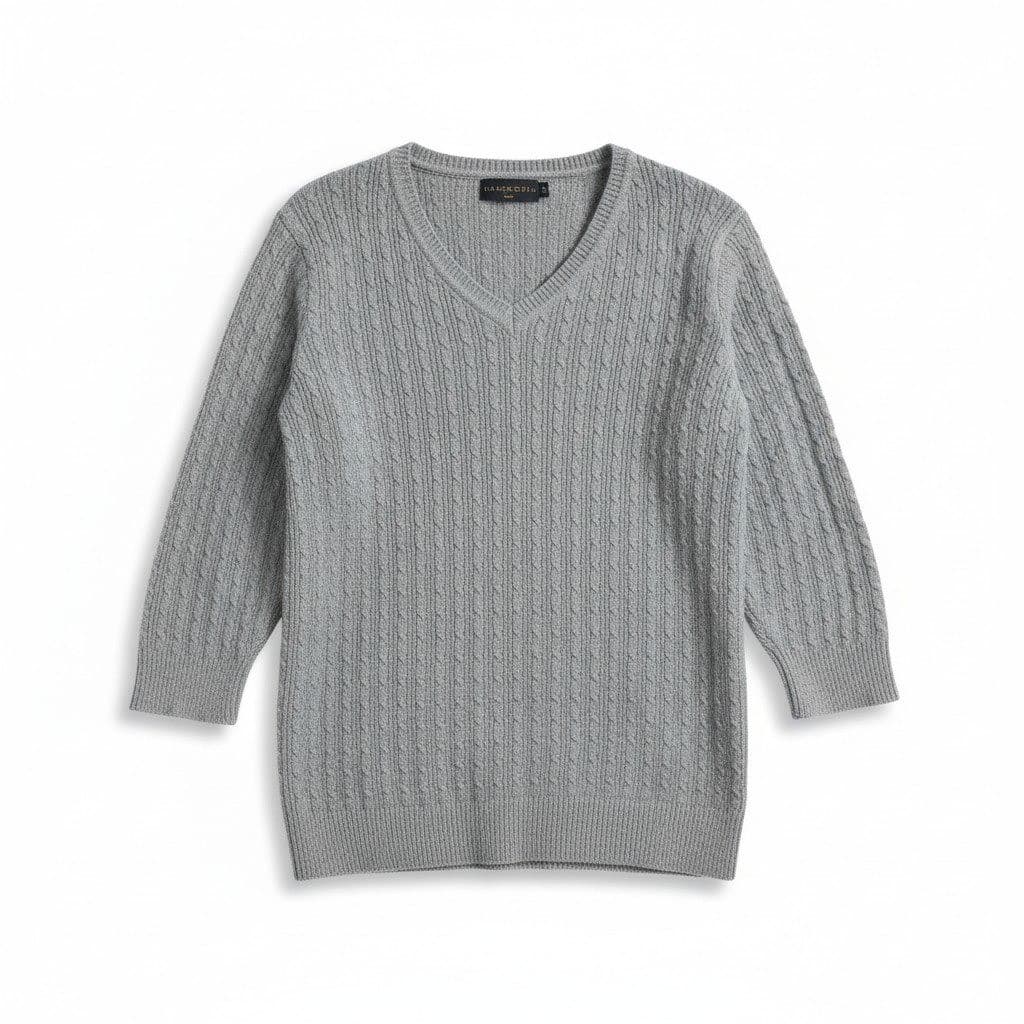 Karen Scott Heather Grey Cable Knit V-Neck, Women's Medium Sweater, 3/4 Sleeve