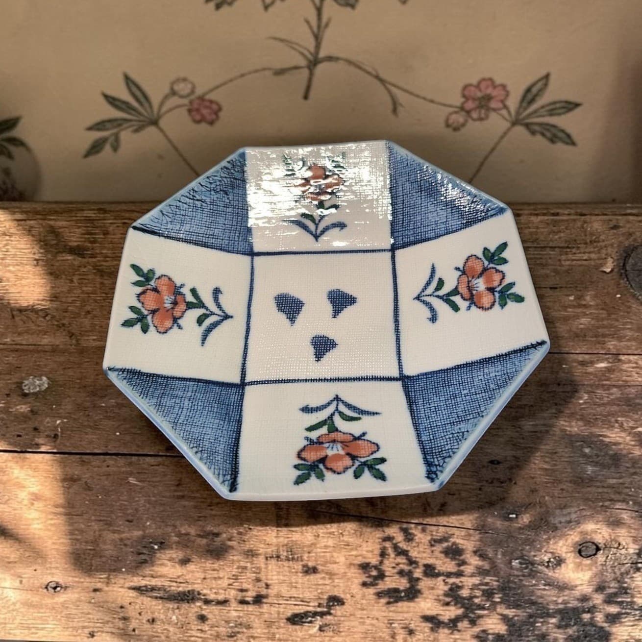 Octagonal Blue & White Floral Ceramic Bowl, Replacement Hand-painted Asian Decor