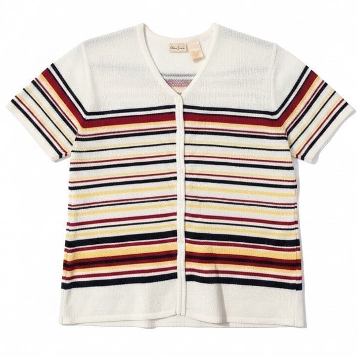 Bobbie Brooks Short Sleeve Striped Knit Cardigan, Cream Red Blue, Women's Large