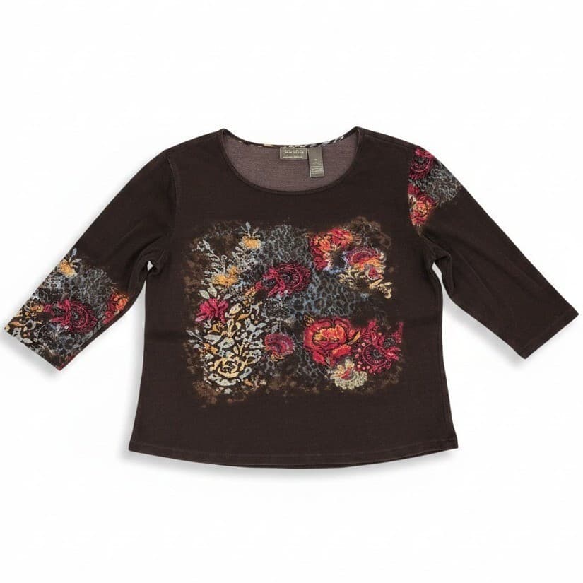 Jane Ashley Brown Floral Leopard Print Rhinestone 3/4 Sleeve Top, Women's Large