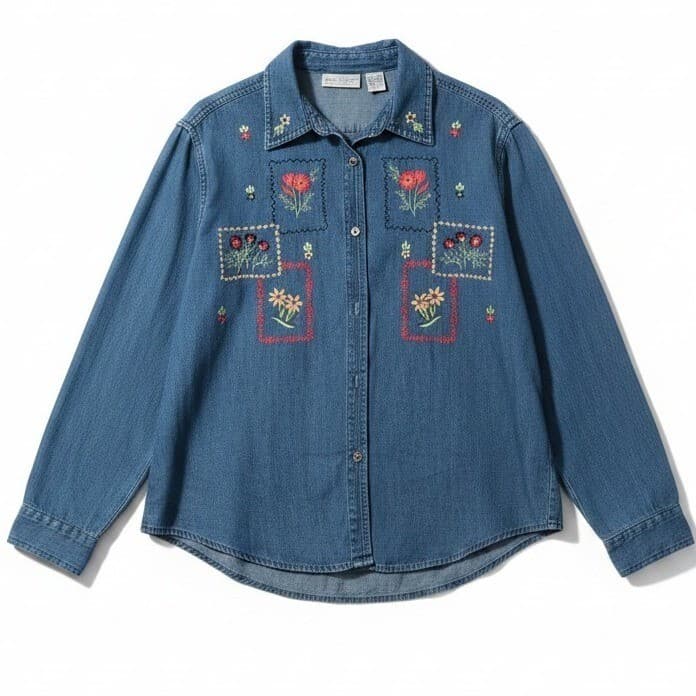 Allyson Whitmore Floral Embroidered Blue Denim Button Down, Women's Petite Large