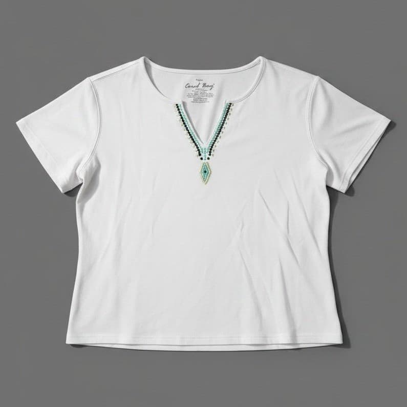 Coral Bay Missy White Embroidered Split Neck Short Sleeve Top, Women's Large