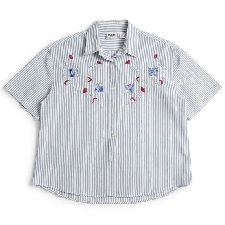 Keneth Too! Blue White Striped Embroidered Floral Button Down, Women's Medium