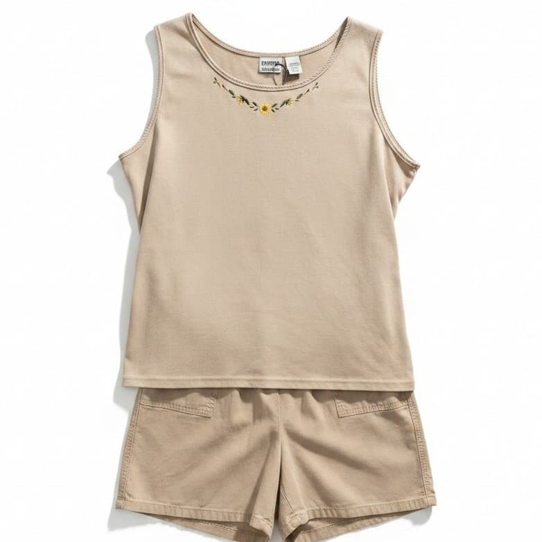 Classic Elements Tan Embroidered Floral Tank Top & Shorts Set, Women's Large/XL