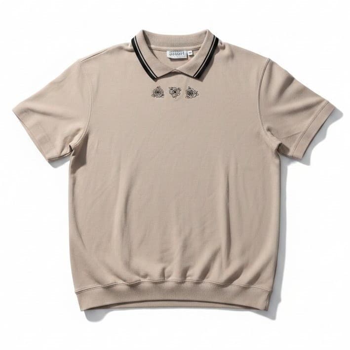 Jaclyn Smith Sport Petite Tan Polo Shirt, Floral Embroidered Tipped Collar Large