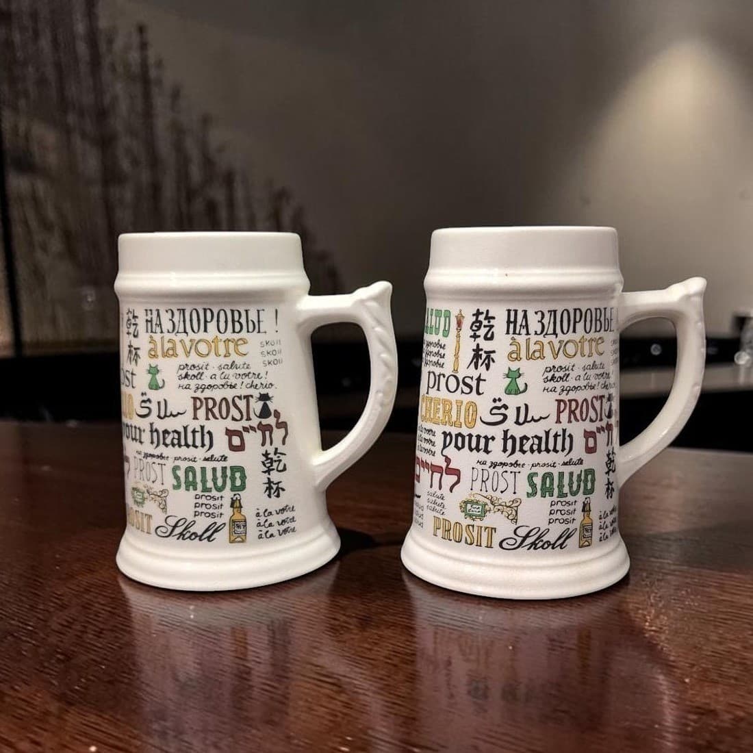 Cheers Around The World Ceramic Steins, Set of 2, Vintage Beer Mugs, Barware