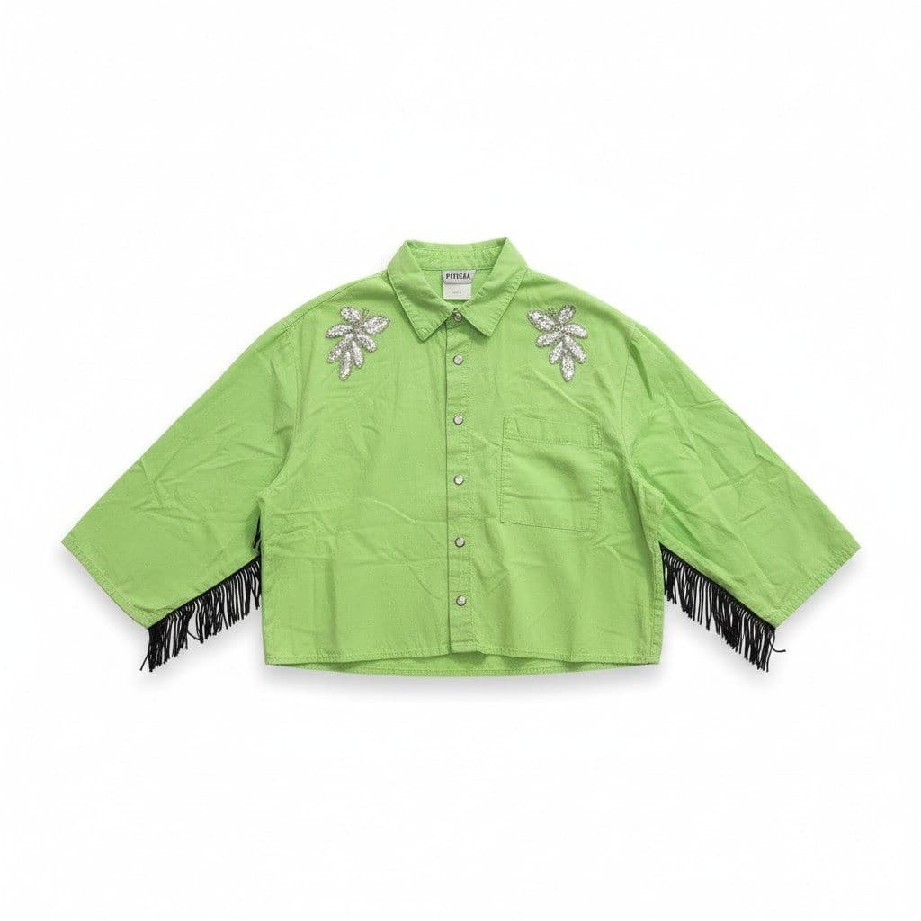 Prezzia Vintage Lime Green Fringe Sequin Cropped Shirt, Women's Medium, 3-415 US