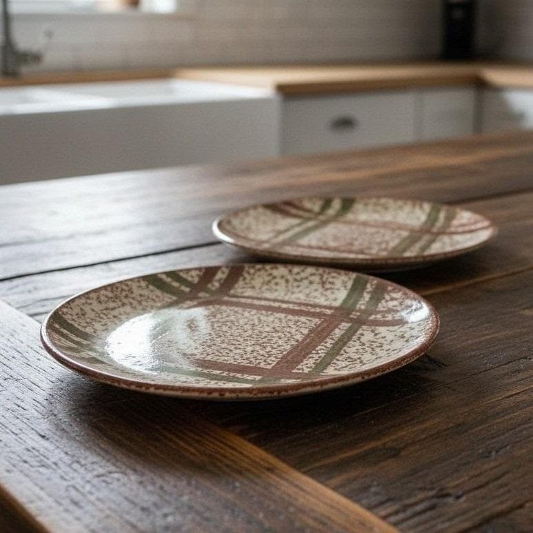 Blue Ridge Pottery Rustic Plaid Skyline Saucers, Set of 2, Hand-Painted Plates