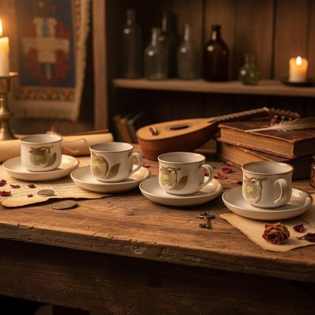 Denby Troubadour Teacups & Saucers, Set of 4, Vintage England Stoneware Service