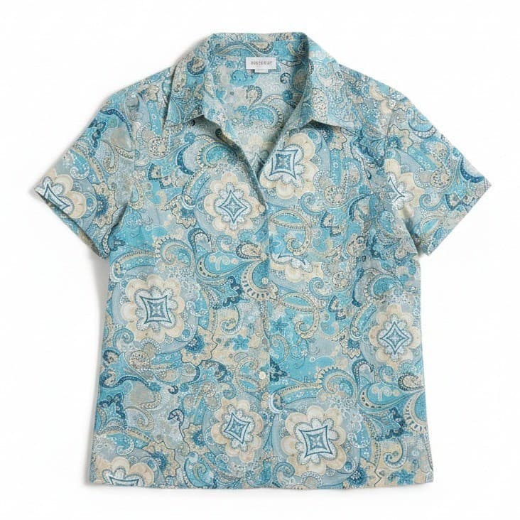 Worthington Stretch Blue Paisley Short Sleeve Button Up, Women's 1X Shirt