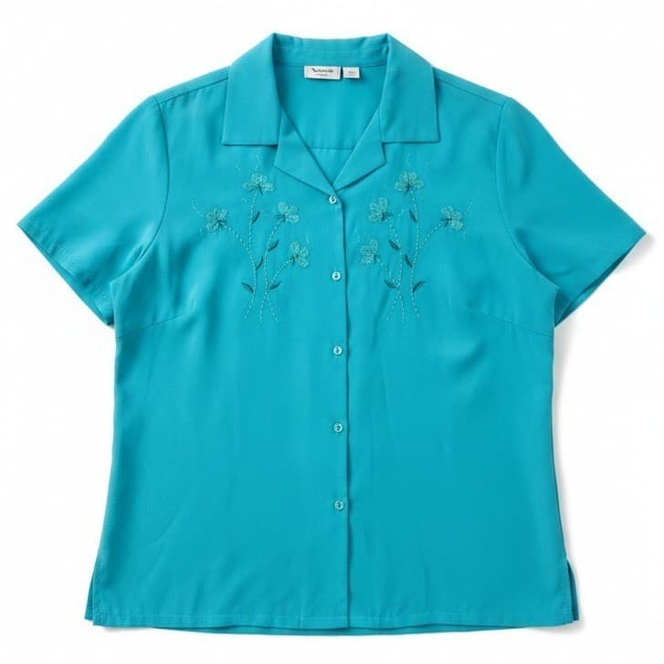 Keneth Too! Turquoise Teal Floral Embroidered Short Sleeve Blouse, Women's Large