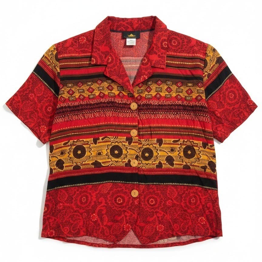 Karibo Red Multi Pattern Rayon Short Sleeve Button Up Shirt, Women's XL, 1M179C