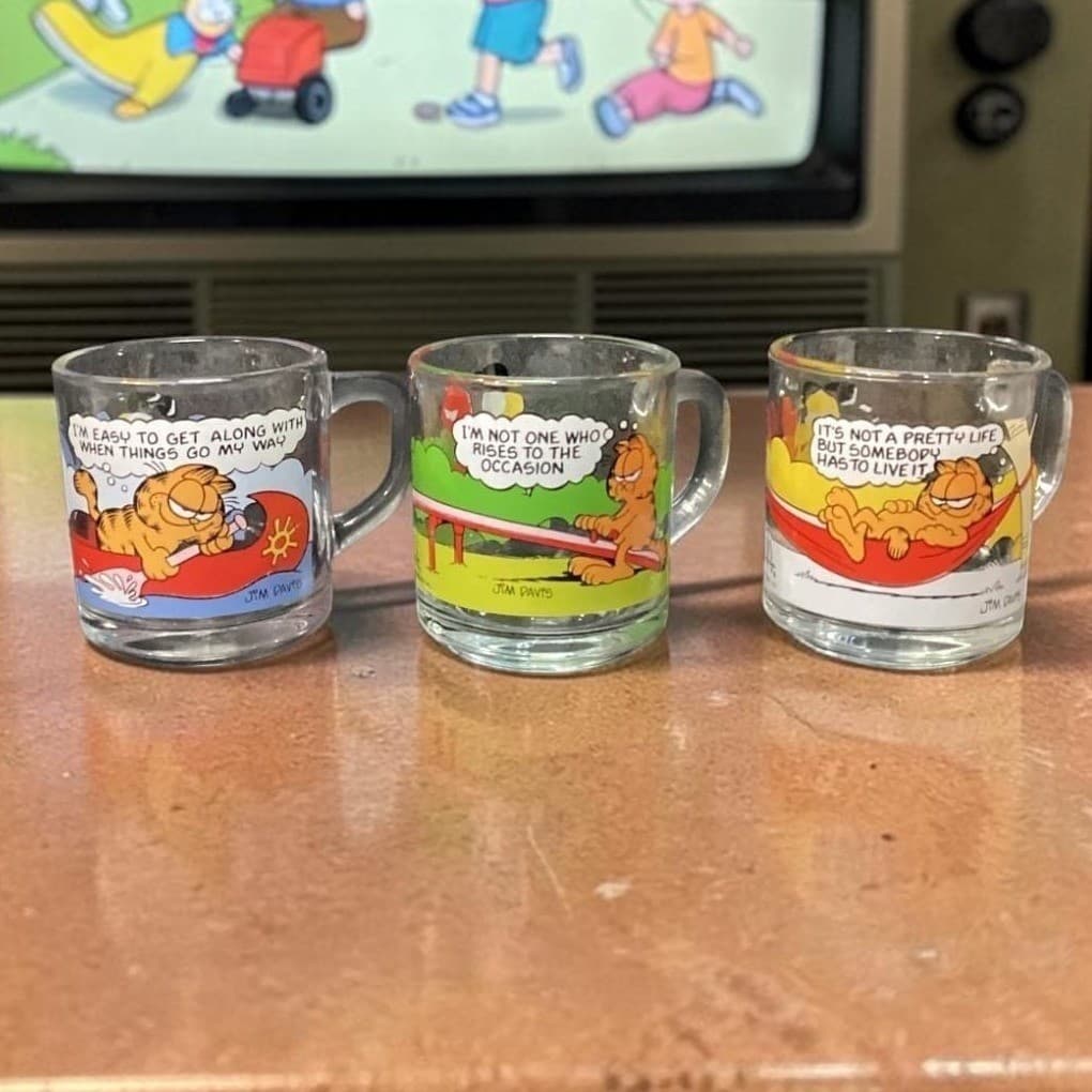 McDonalds Garfield Odie Glass Mugs, Set Of 3, Vintage Cartoon Strip Design