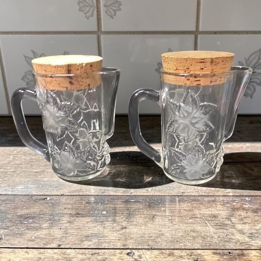 Embossed Floral Glass Pitchers, Set of 2, Vintage Inspired Snub Nose Spout