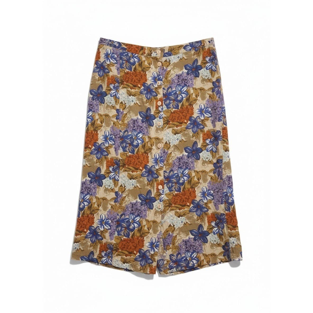 Floral Button Front Midi Skirt, Tan Blue Orange High Waist, Elastic Back Vintage