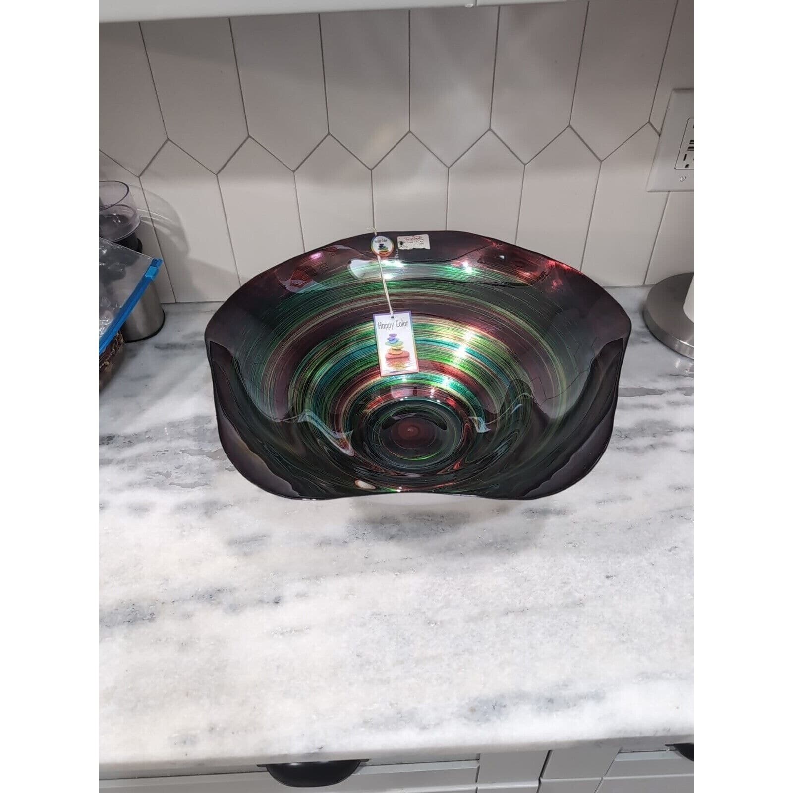 Hand Decorated Large Glass Bowl, Happy Color Glass Bowl, 17.5" D, Turkish Made