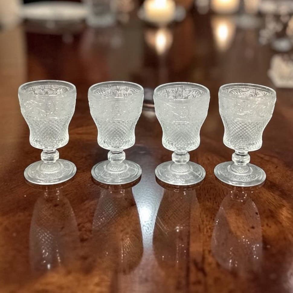 American Provincial Wine Glasses, Set of 4, VIntage Diamond Point Scroll Design