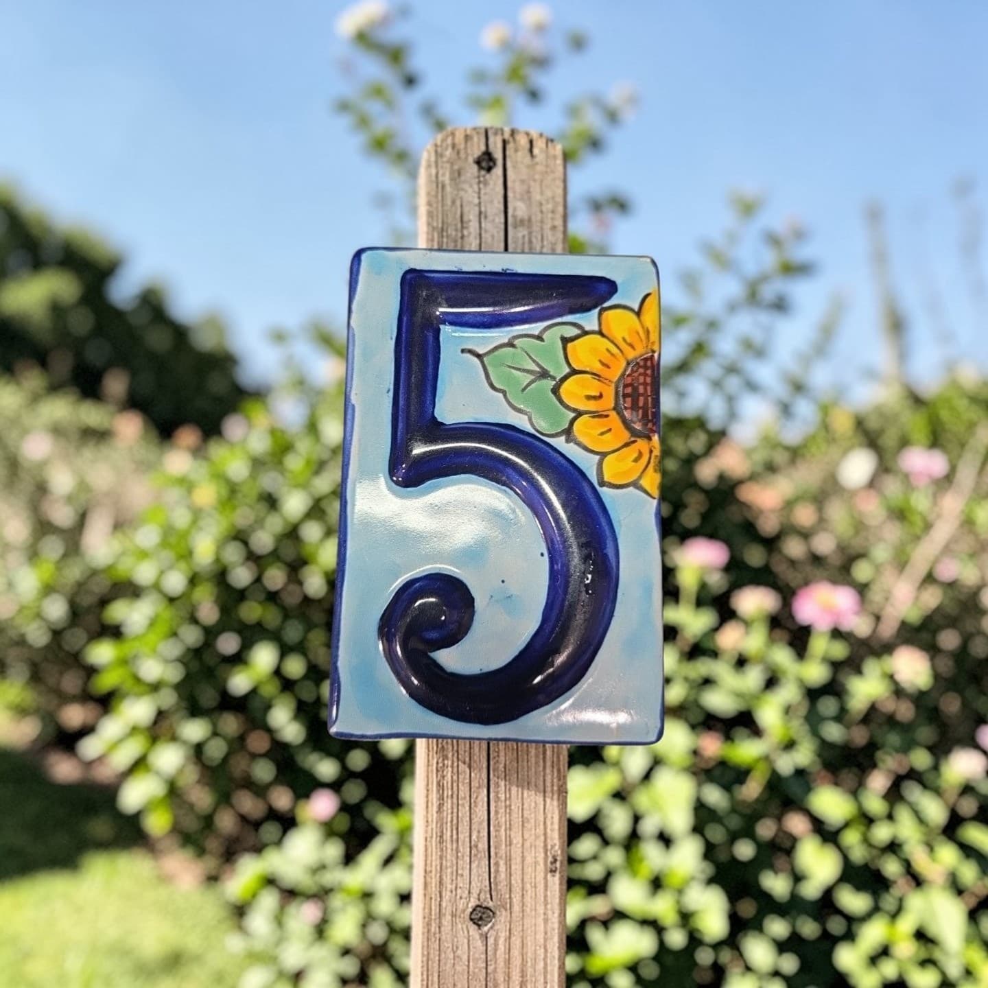 Talavera Sunflower House Number Tile, High Relief #5, Mexican Address Plaque