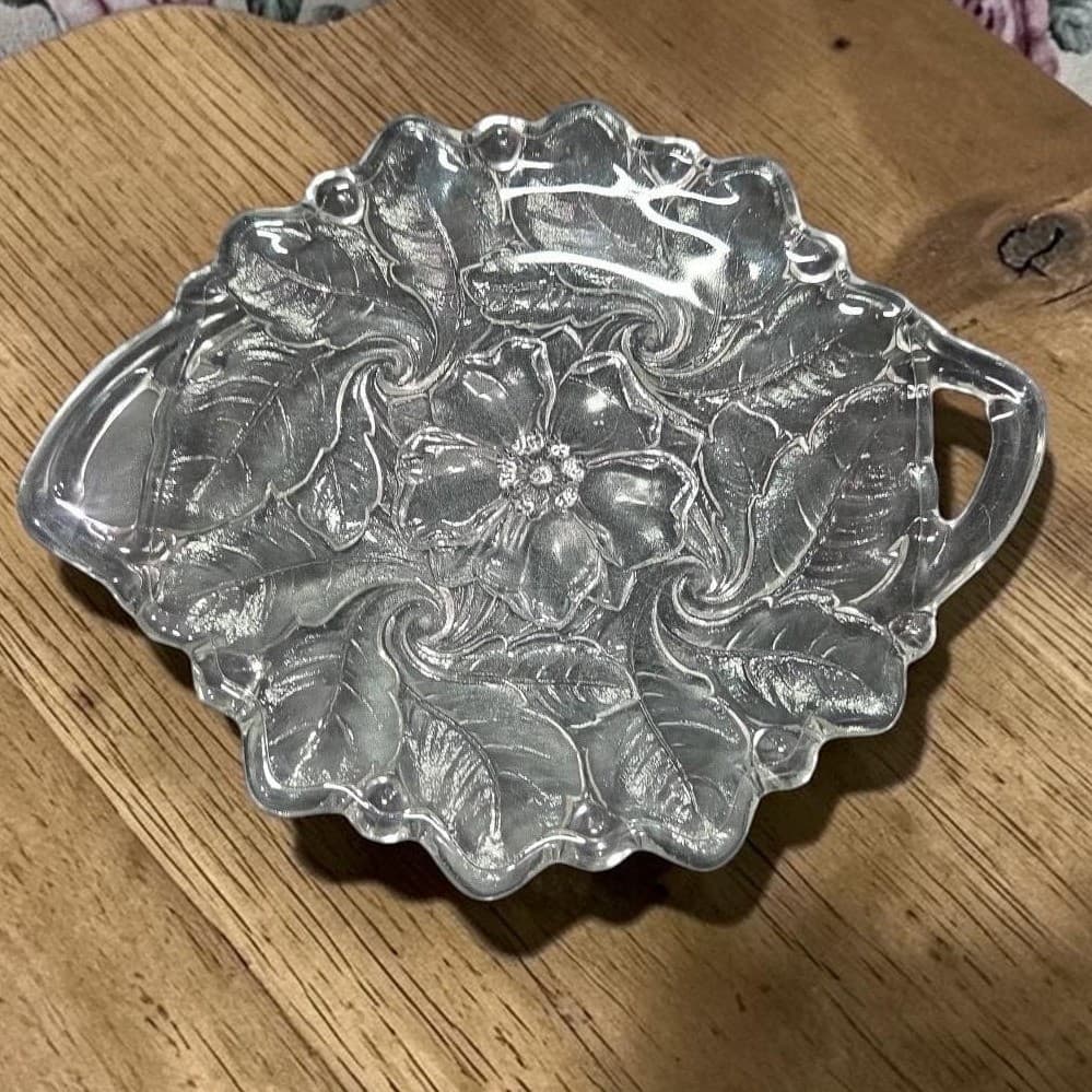 Indiana Glass Handled Serving Tray, Vtg Embossed Wild Roses Design, Centerpiece