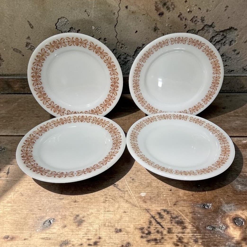 Pyrex Milk Glass Salad Plates, Set of 4, Vtg Copper Filigree Design, Dinnerware