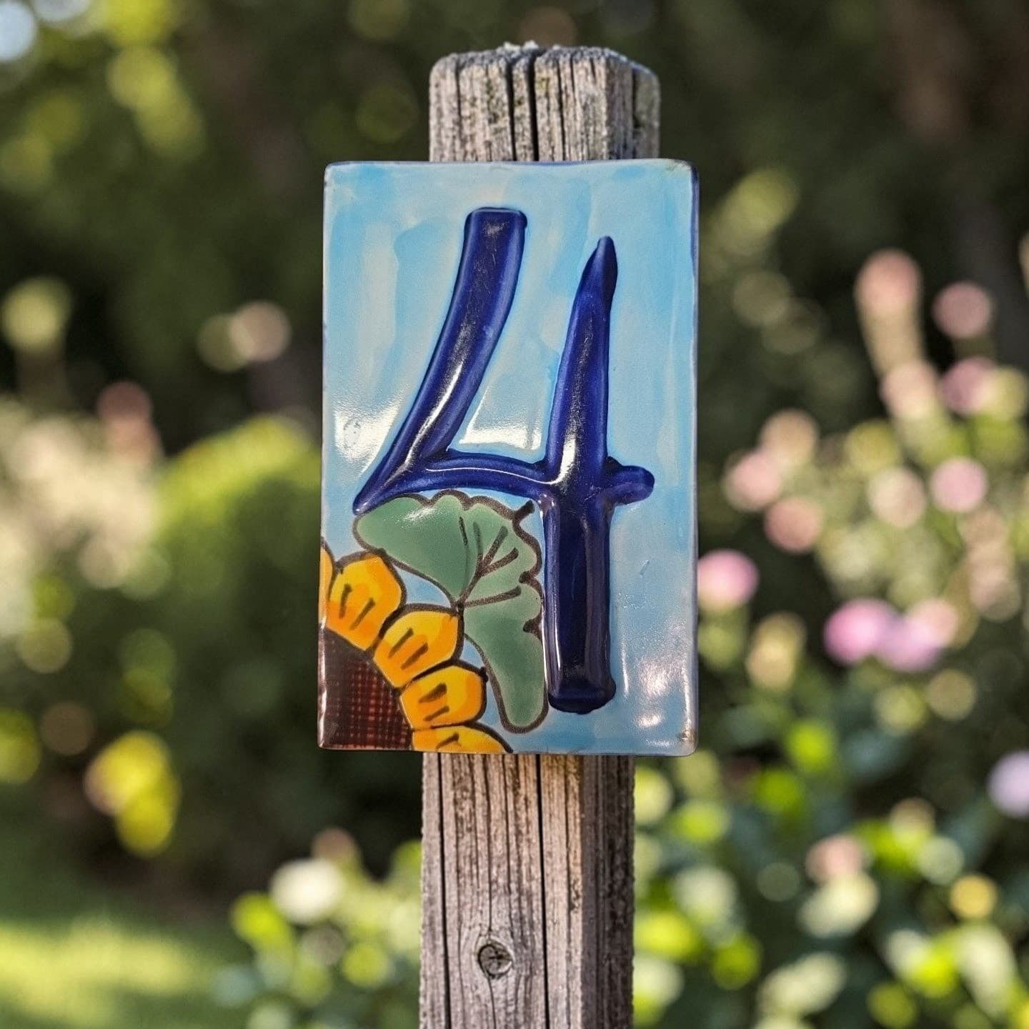 Talavera Sunflower House Number Tile, High Relief #4, Mexican Address Plaque