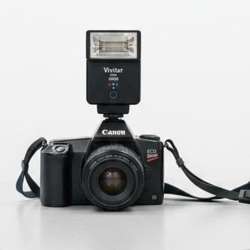 Canon EOS Rebel II 35mm SLR Film Camera, EF 35-80mm Lens, Vivitar 2600 Flash