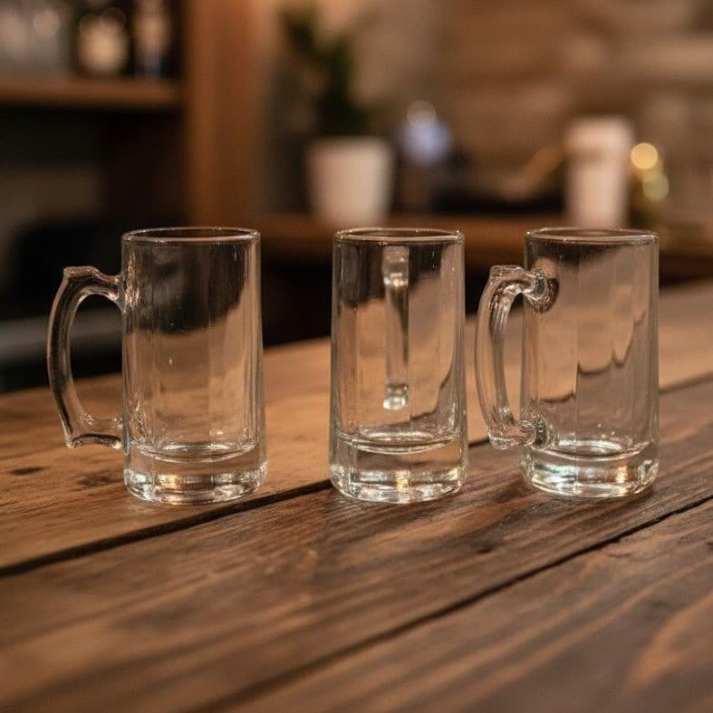 Libbey Beer Mugs, Set of 3, Heavy Glass Tankards, Paneled Sides & Thumb Handles