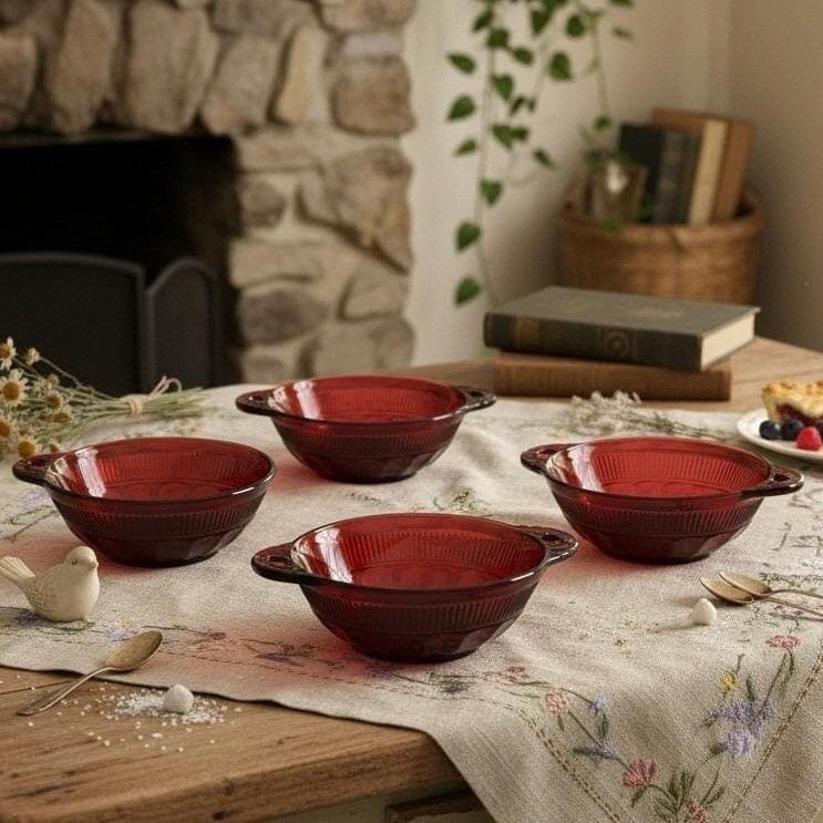 Anchor Hocking Royal Ruby Coronation Berry Bowls, Set of 4 Vintage Ribbed Design