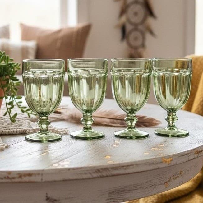 Libbey Gibraltar Olive Green Goblets, Set of 4, Vintage Footed Water Glasses