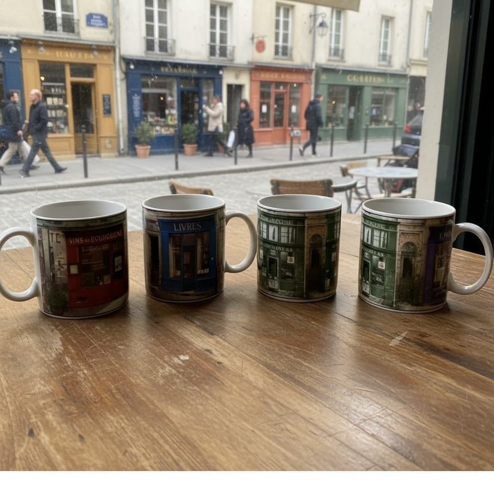 Lot of 4 Sakura Table Storefronts Coffee Mugs Emilie, Livres, Chez Jerome, Vins