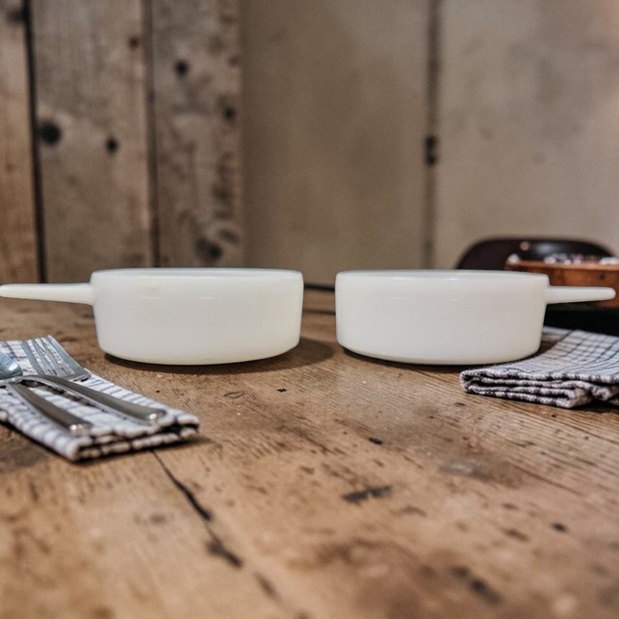 Glasbake Milk Glass Soup Bowls, Set of 2, Vintage Handled Ovenware, Replacements