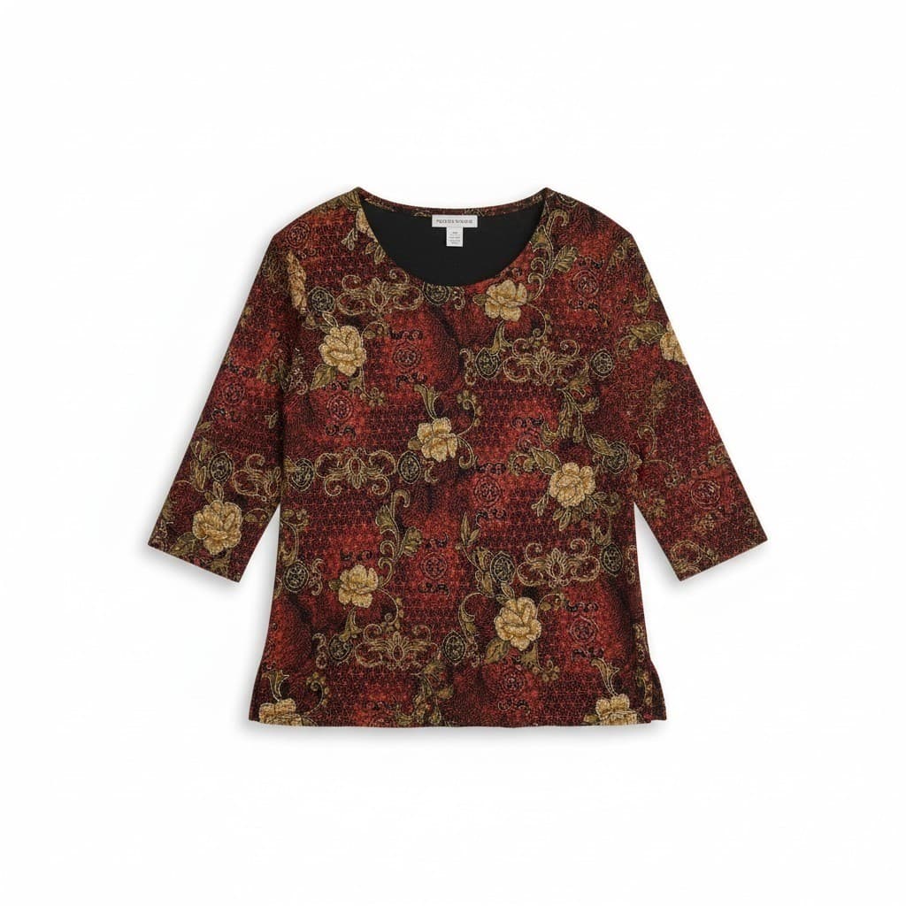 Notations Red Gold Floral 3/4 Sleeve Metallic Knit Top, Woman's Small, 1431N USA