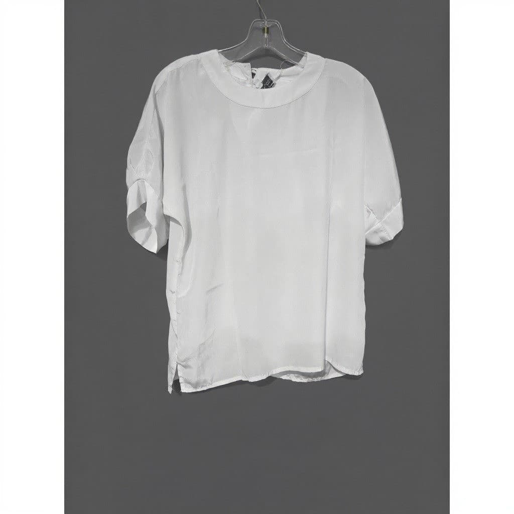 Estee Lauder White Short Sleeve Keyhole Back Blouse, Women's Small Top