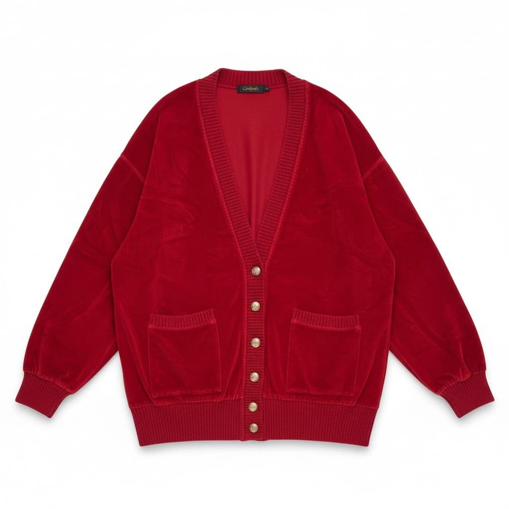 Liz Claiborne Vintage Red Velour V-Neck Cardigan, Women Large Sweater