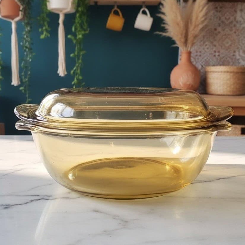 Dynaware Pyr-O-Rey Amber Yellow Casserole Dish, Vintage Mexican Lidded Bakeware