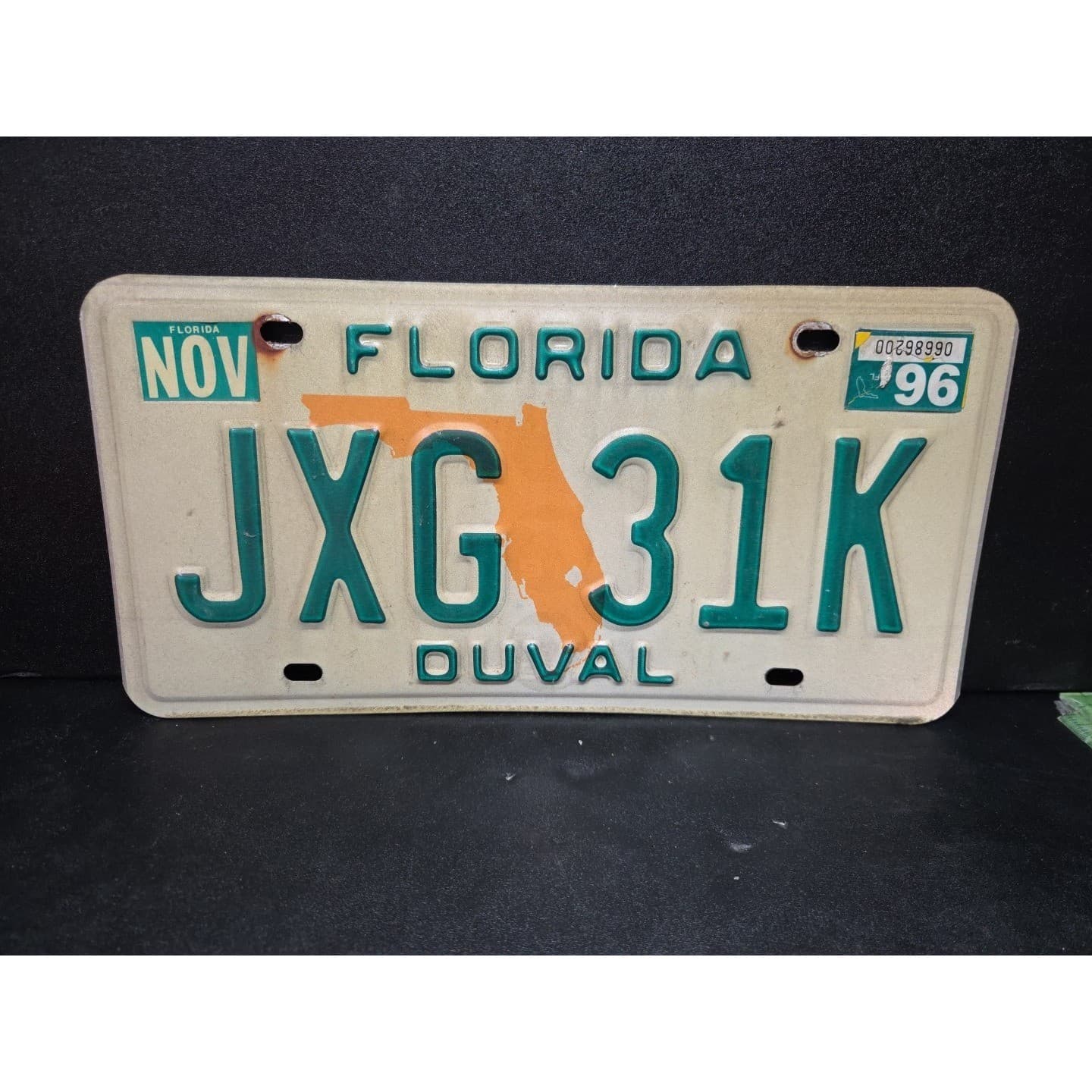 Florida License Plate Duval County JXG 31K, 1996 Vintage Green Orange State Map