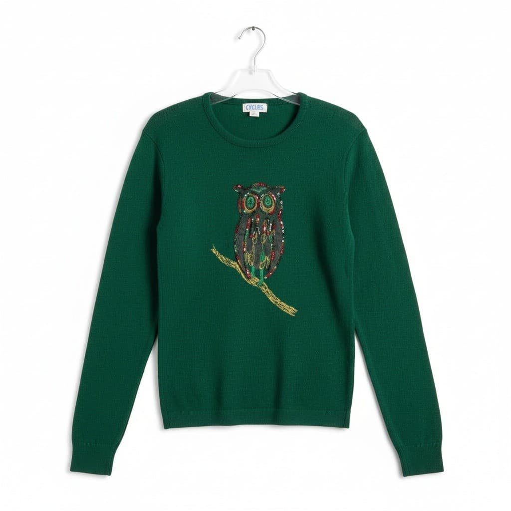 Cycles by Saxony Green Owl Sequined Embroidered Sweater, Vintage Orlon, Large