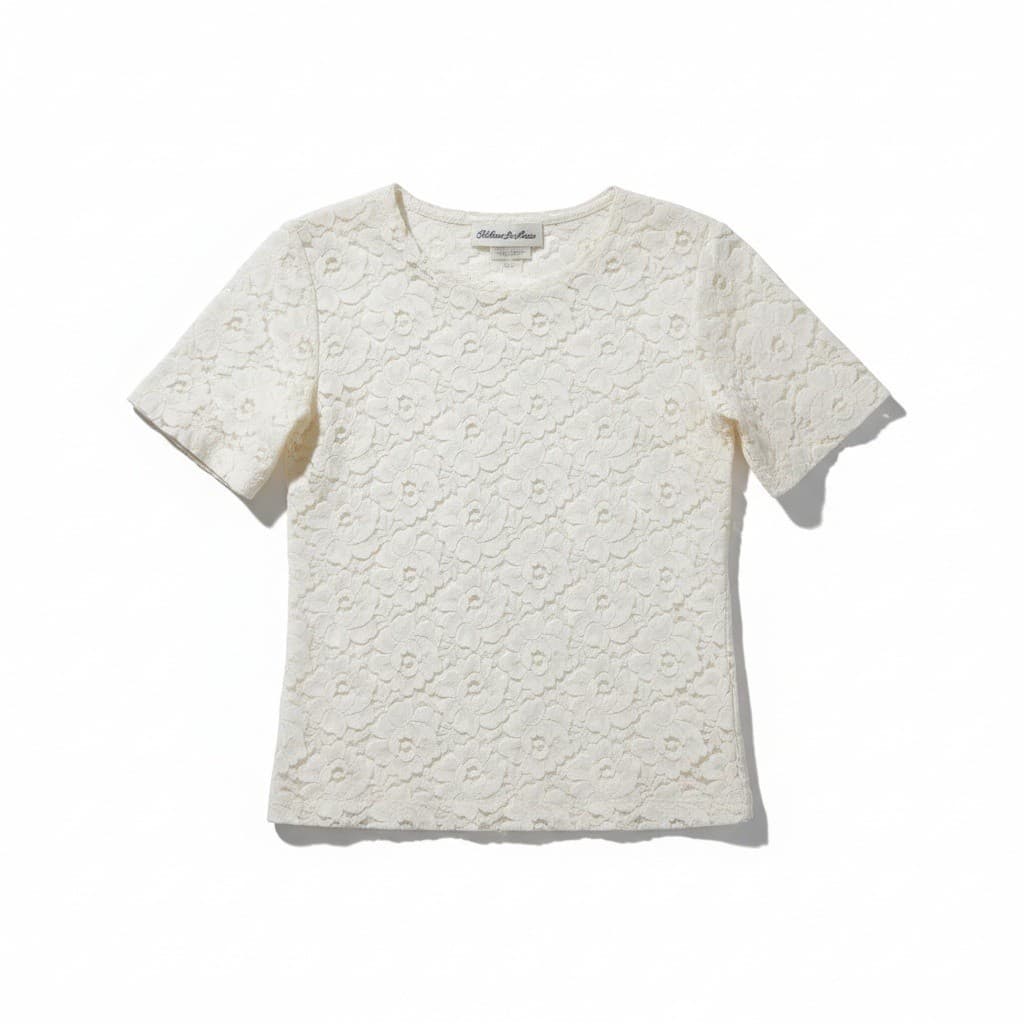 Helene St Marie Ivory Floral Lace Short Sleeve Crew Neck, Woman's Small Top