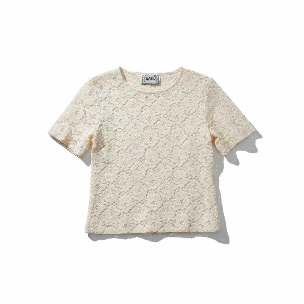 Basil Vintage Cream Floral Lace Short Sleeve Crew Neck Blouse, Women Small Top