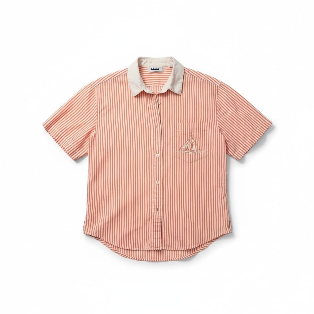 Ilio Orange White Striped Short Sleeve Button Down, Women's Small Shirt Sailboat