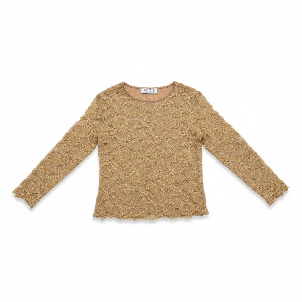 Petite Sophisticate Gold Metallic Floral Lace Long Sleeve Blouse, Crew Neck Top