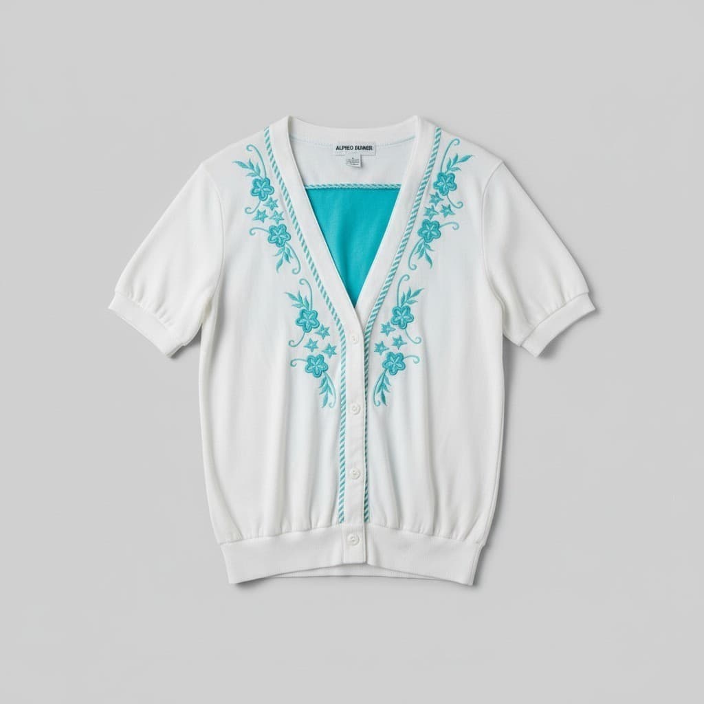 Alfred Dunner White Turquoise Floral Embroidered Cardigan, Women's Small