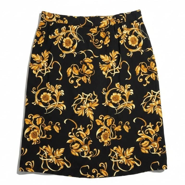 Connections Related Separates Black Gold Baroque Floral Scroll Midi Skirt Womens