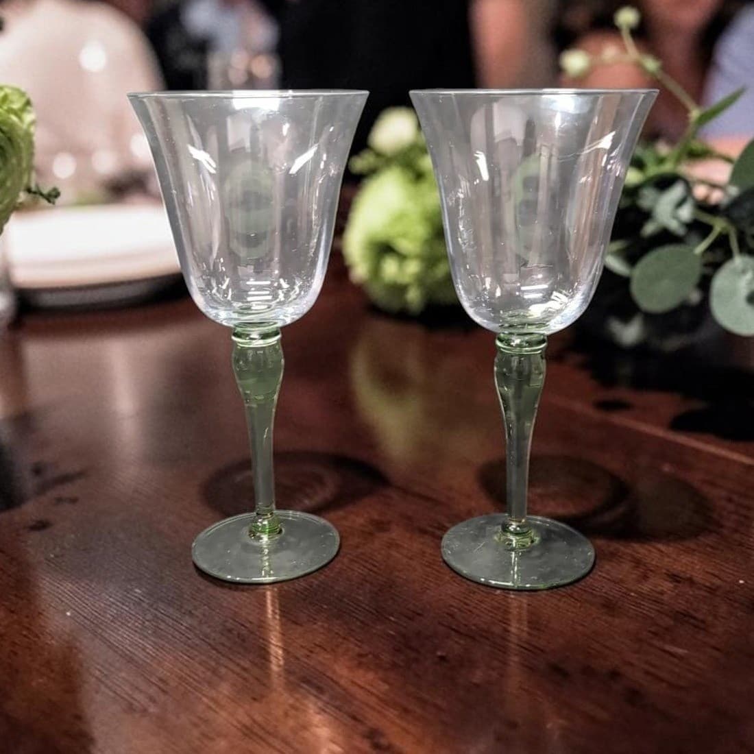 Block Hand Blown Green Melody Goblets, Set Of 2, Vintage Optic Design Glasses