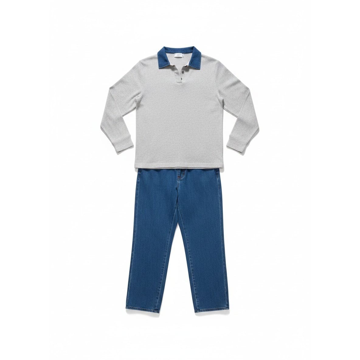 Season Ticket Vintage Gray Ribbed Polo Top & Blue Pants Set, Women's Size L/16