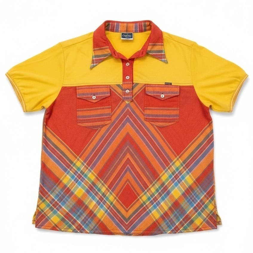 Voulez-Vous Plaid Colorblock Short Sleeve Polo, Women's Yellow Orange Red Shirt