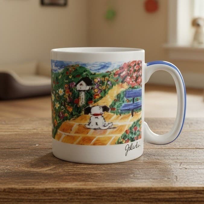 Mor Mor's Art "Just Waiting" Dog Mug, Eddie Bauer Ceramic Cup, Drinkware
