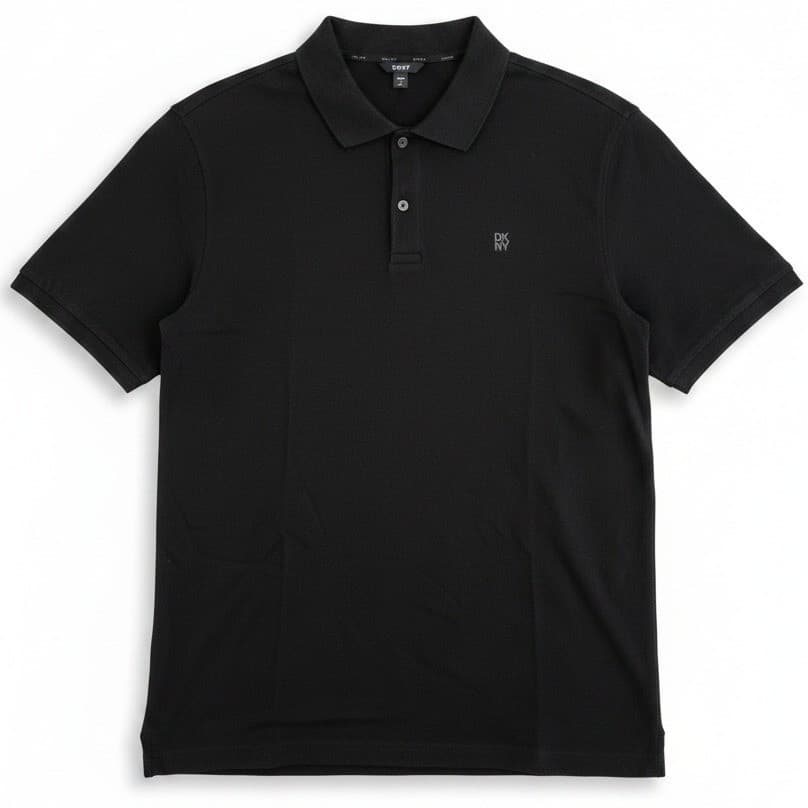 DKNY Black Short Sleeve Polo, 100% Cotton Slim Fit Logo Shirt, Men's Large