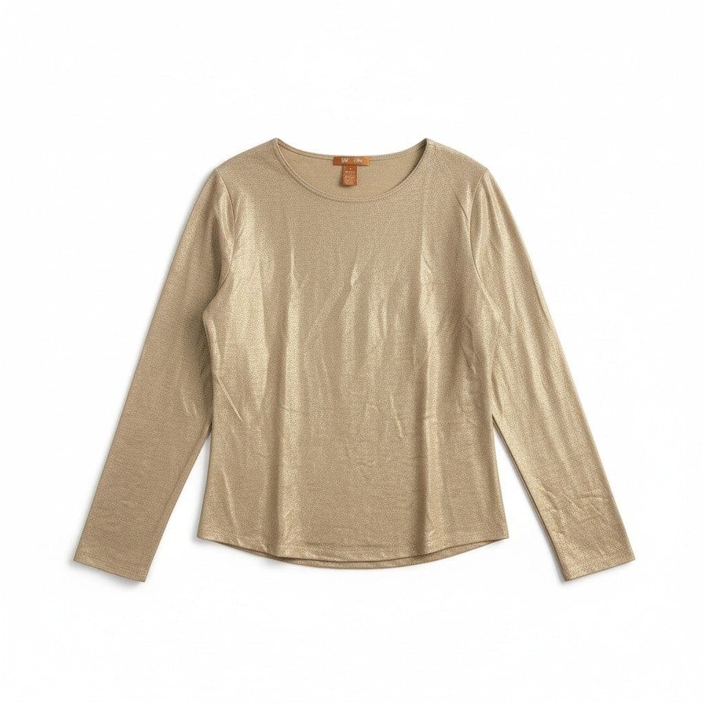 BB Dakota Gold Metallic Shimmer Long Sleeve Crew Neck, Woman's Small Top