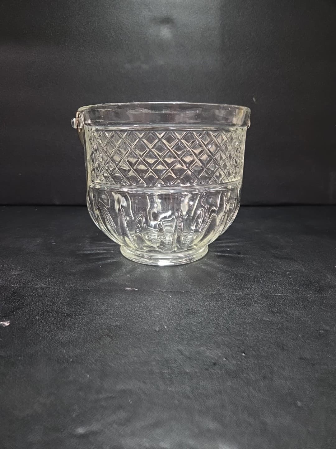Art Deco Ice Bucket, Cut Diamond Glass, Hammered Silver Handle, Bar Accessory